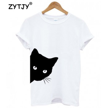 Cat looking out side Print Women t-shirt Cotton Black Gray White
